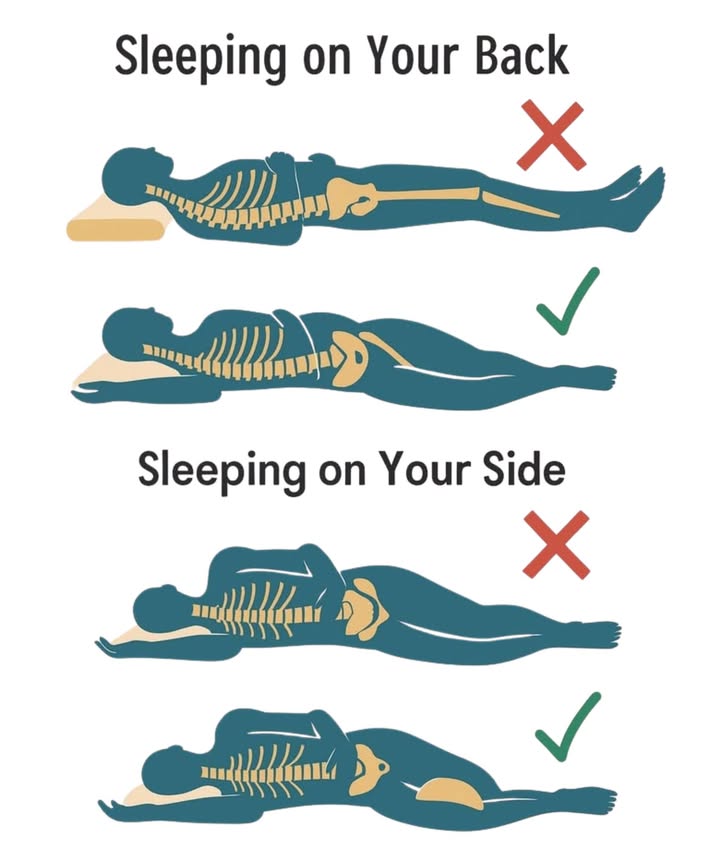 Sleep Smart: Maintain Healthy Posture While You Rest 

1 Back Sleeping  Common Mistakes
Sleeping flat without support can strain the spine and cause discomfort.
 No pillow under the knees
 Excessive arch in the lower back
 Increased lower back pain

2 Correct Back Sleeping Posture
Support the body to maintain natural alignment.
 Place a small pillow under your knees
 Use a supportive neck pillow
 Keep the spine straight and tension-free

3 Side Sleeping  Common Mistakes
Poor positioning can twist the spine and compress joints.
 Shoulder bearing too much weight
 Twisted spine alignment
 Hip and lower back pain

4 Correct Side Sleeping Posture
Balance support across the neck, shoulders, and hips.
 Place a pillow between the knees
 Use a firm pillow for neck and shoulder support
 Keep the spine naturally aligned

Consistent posture-friendly sleep helps prevent pain, improve rest quality, and promote long-term spinal health.