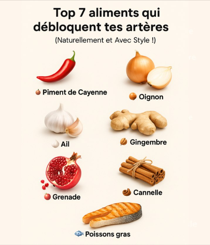 TOP 7 ALIMENTS QUI DÉBLOQUENT TES ARTÈRES Naturellement et Avec Style !

1.  PIMENT DE CAYENNE : LE CHAUFFEUR DE LINTERIEUR
 Son arme secrète : la capsaïcine  décontracte tes vaisseaux, baisse la tension et boost la circulation ET le métabolisme. “Feu dartifice dans tes veines !”

2. 暈 OIGNON : LE NETTOYEUR ANTI-ROUILLE
 Bourré de quercétine un antioxydant VIP  rend tes vaisseaux souples comme du chewing-gum ET combat linflammation. Oui, pleurez mais pour la bonne cause ! 

3. 龍 AIL : LE PETIT GÉNIE DU CIRCUIT
 Il fait péter la production doxyde nitrique  tes artères se DILATENT  le sang danse le twist . En prime : tension  cholestérol en baisse !

4.  GINGEMBRE : LE RADIATEUR NATUREL
 Son côté “spicy” réchauffe ET décoince la circulation  idéal pour dégeler les doigts froids . Bonus : il régule le cholestérol comme un chef.

5.  GRENADE : LA BOMBE À OXYGÈNE
 Ses polyphénols et nitrates  boostent loxyde nitrique  tes vaisseaux deviennent des autoroutes . Résultat : sang oxygéné = énergie MAXI !

6.  CANNELLE : LA CAPE MAGIQUE
 Plus quune épice réconfort : elle dilate les vaisseaux ET stabilise la glycémie. Saupoudre-la partout  cest un double shot santé ! 

7.  POISSONS GRAS : LES LUBRIFIANTS SUPREMES
 Saumon, maquereau, sardines  leurs oméga-3 nettoient les artères, réduisent linflammation et gardent tes vaisseaux young & sexy .

 BONUS GOLD : 籠 CURCUMA  LOR LIQUIDE !
 La curcumine fait exploser loxyde nitrique  combat le stress oxydatif  ton sang coule comme un fleuve tranquille .

 POURQUOI ÇA MARCHE ?
Ces aliments sont des “décongestionneurs naturels” : ils débloquent, nettoient et fluidifient  fini les jambes lourdes, la fatigue et les mains froides !

 TA MISSION :
 Ajoute 2-3 de ces aliments par jour un ail ici, une pincée de cannelle là.
 Combos gagnants : Saumon  curcuma // Grenade  gingembre // Oignon  ail la base !.

#TeamSangQuiCouleCommeDeLEau 
Parce quun corps bien irrigué, cest un corps qui danse jusquà 100 ans ! 

PS : Un shot matinal eau tiède  citron  gingembre râpé = le réveil circulatoire ultime ! 柳