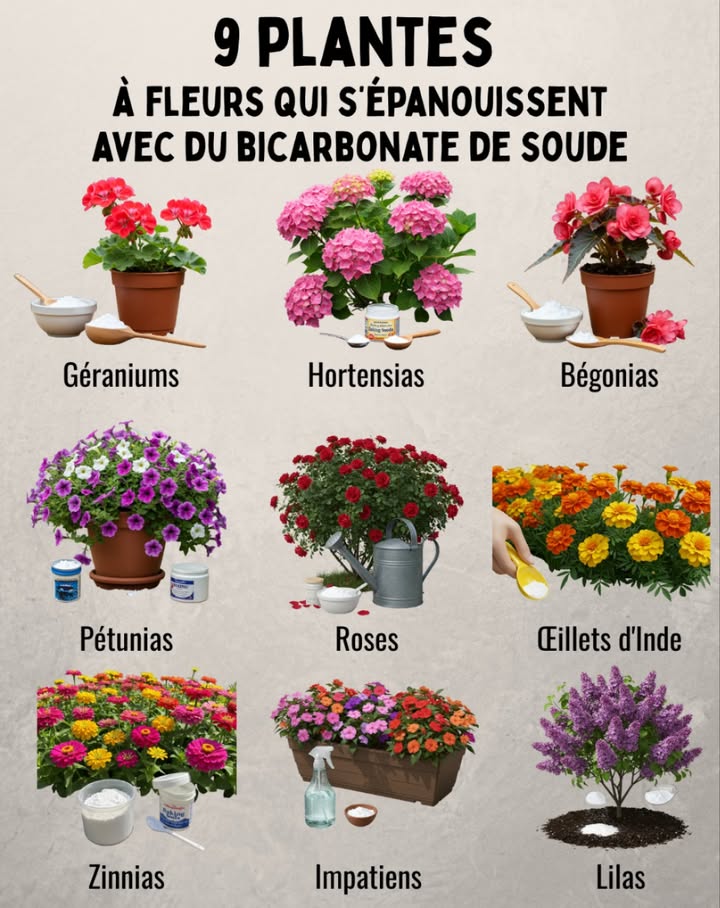 Transformez votre jardin avec un ingrédient simple et naturel : le bicarbonate de soude ! 
Certaines plantes à fleurs réagissent à merveille à ce petit coup de pouce naturel :

 Géraniums
 Hortensias roses
 Bégonias
 Pétunias
 Roses
 Œillets dInde
 Zinnias
 Impatiens
 Lilas

 Un peu de bicarbonate dilué dans leau suffit à renforcer leur floraison et à éloigner certaines maladies fongiques. Résultat : des couleurs éclatantes et des plantes en pleine forme !