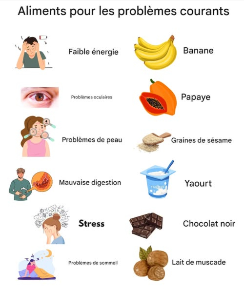 Aliments simples pour soulager les petits maux du quotidien
 Faible énergie : La banane recharge rapidement grâce à ses glucides et son potassium.
 Problèmes oculaires : La papaye, riche en vitamine A, protège et nourrit la vue.
 Problèmes de peau : Les graines de sésame apportent zinc et bons acides gras pour une peau saine.
拏 Mauvaise digestion : Le yaourt, riche en probiotiques, soutient une bonne digestion.
 Stress : Le chocolat noir stimule la sérotonine et aide à se détendre.
 Problèmes de sommeil : Le lait de muscade favorise la relaxation et un sommeil réparateur.