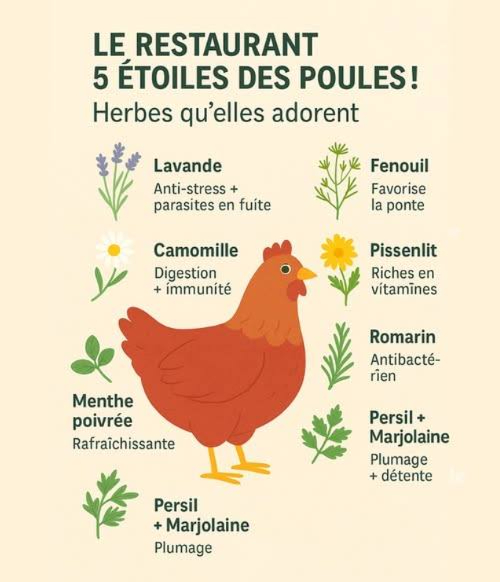 Le Restaurant 5 Étoiles des Poules ! 7 Herbes quelles Adorent et Pourquoi 
1. Lavande 
Lanti-stress VIP ! Apaise les cocottes et fait fuir les parasites. Parfait pour un poulailler zen.
2. Camomille 
Digestion légère  système immunitaire au top. Linfusion chic de la poule healthy !
3. Menthe poivrée 
Rafraîchissante en été et super répulsive contre poux & acariens. Le dentifrice nature des gallinacés !
4. Fenouil 
Boost la ponte et parfume subtilement les œufs. Le petit secret des œufs gourmets.
5. Pissenlit 
Bombe de vitamines A, K et calcium. Le “superfood” quelles picorent comme des bonbons !
6. Romarin 
Stimule la circulation et combat les bactéries. Laromathérapie qui réveille même les poules flemmardes !
7. Persil  Marjolaine 
Persil : Vitamine C à gogo  plumage brillant & santé de fer !
Marjolaine : Détente et digestion douce  cocottes chill à souhait.
 Le Saviez-vous ?
Offrez ces herbes fraîches cest la fête !, séchées en hiver, ou même dans le pondoir : elles embaument et calment avant la ponte.
 Pro-tip :
Transformez votre jardin en “drive-in” à herbes : semez un carré dédié près du poulailler. Vos cocottes vont en redemander et pondre des œufs encore plus délicats !
Prêt à voir vos poules faire la danse des herbes ? À vos plantations !