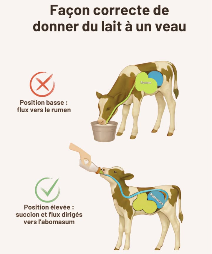 Façon correcte de donner du lait à un veau 

Bien nourrir un veau, cest essentiel pour sa santé et sa croissance. La position dans laquelle on lui donne le lait détermine une bonne digestion et évite les problèmes digestifs.

易 Le système digestif du veau

Le veau a quatre compartiments digestifs : rumen, réticulum, omasum et abomasum.
Seul labomasum ou caillette digère le lait durant les premières semaines.

 Position basse

Donner le lait dans un seau au sol envoie le liquide vers le rumen, qui ne peut pas le digérer.
 Cela provoque fermentation, ballonnements et diarrhées.

 Position élevée

Quand le veau tète en position haute, le lait est dirigé vers labomasum, là où il est bien digéré.
 Digestion rapide, meilleure croissance et moins de troubles digestifs.

 Conseils simples

 Utiliser une tétine à hauteur de la tête.
 Donner le lait tiède 3840 C.
 Nettoyer le matériel après chaque repas.

 Une position correcte, cest un veau en bonne santé et une croissance harmonieuse.