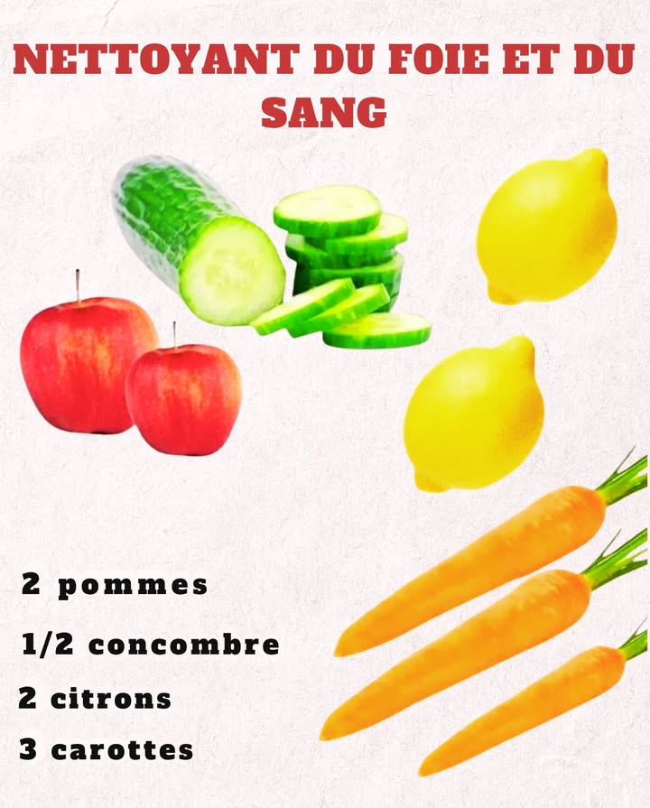 Jus Purifiant pour le Foie et le Sang 

1 2 pommes  Pleines dantioxydants qui favorisent une fonction hépatique optimale   
2  concombre  Hydratant et aide à éliminer les toxines du corps 勒  
3 2 citrons  Excellente source de vitamine C, qui soutient la détoxification   
4 3 carottes  Riches en bêta-carotène pour renforcer la santé du sang 凌

Lavez, découpez et mixez tous les ingrédients jusquà obtenir une boisson lisse. Savourez-la bien fraîche pour un effet revitalisant naturel.