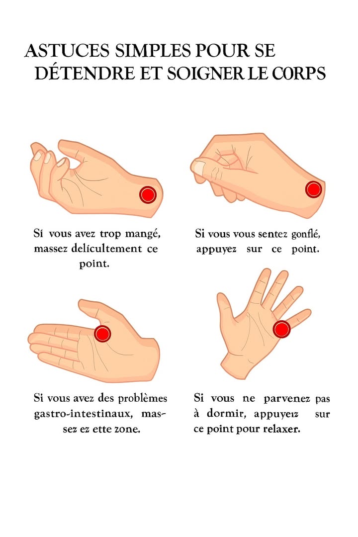 Astuces simples pour détendre le corps et soulager certains maux :

 Après avoir trop mangé, massez doucement le point indiqué pour favoriser la digestion.
 En cas de sensation de gonflement, appuyez sur le point montré pour aider à dégonfler.
 Pour les troubles gastro-intestinaux, massez la zone suggérée.
 Si vous avez du mal à dormir, exercez une légère pression sur le point indiqué pour vous détendre.