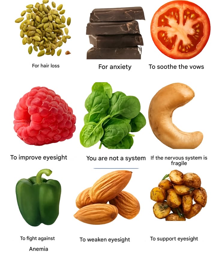 Foods and Their Health Benefits

To calm inflammation 喙: include tomatoes  in your meals

When feeling anxious : opt for dark chocolate 

For hair loss : add pumpkin seeds  to your diet

If your nervous system feels weak 易: eat cashew nuts 樂

When lacking iron 喝: boost your intake of spinach 綾

To sharpen focus 易: choose berries such as grapes 

To support eye health : enjoy roasted potatoes 凜

If you struggle with insomnia : snack on almonds 

To fight anemia 喝: eat green bell peppers