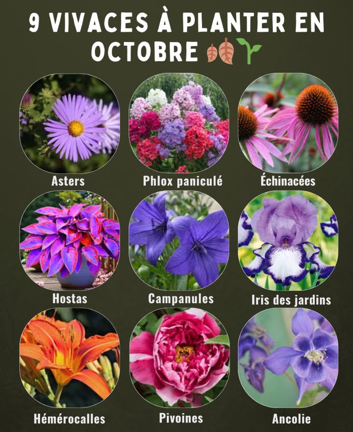 9 Vivaces à planter en octobre 

 Ancolie Aquilegia  Superbe floraison printanière et feuillage décoratif, idéale en massifs semi-ombragés.
 Pivoines Paeonia  Préparez leur installation en automne pour une floraison généreuse au printemps.
 Hémérocalles Hemerocallis  Résistantes et durables, elles apportent de la couleur tout lété.
 Iris des jardins Iris germanica  Profitez du sol encore tiède pour les diviser et replanter.
 Campanules Campanula  Parfaites pour garnir les bordures et attirer les pollinisateurs.
 Hostas Hosta  Feuillage luxuriant, idéal pour les coins ombragés du jardin.
 Échinacées Echinacea  Longue floraison estivale et refuge pour les insectes utiles.
 Phlox paniculé Phlox paniculata  Plante vivace parfumée et colorée pour massifs.
 Asters Aster  Dernières fleurs de la saison, indispensables pour nourrir les abeilles et papillons.

 Astuce : Planter en octobre favorise lenracinement avant lhiver et garantit une reprise vigoureuse au printemps.