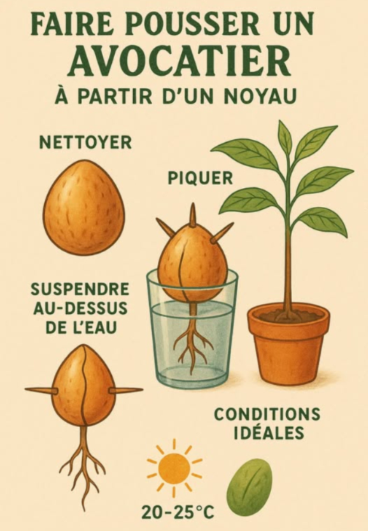 Fiche pratique  Faire pousser un avocatier à partir dun noyau
陋 Matériel
1 noyau davocat mature, non abîmé
Cure-dents
Verre deau ou pot avec terreau
Eau non calcaire de préférence
 Méthode 1 : Germination dans leau méthode du verre
Nettoyer délicatement le noyau sans enlever la peau brune.
Repérer le haut pointe et le bas base large.
Piquer 3-4 cure-dents au centre pour faire un support.
Suspendre le noyau au-dessus dun verre deau, partie basse dans leau.
Placer dans un endroit chaud et lumineux, mais sans soleil direct.
Changer leau tous les 3 à 5 jours pour éviter les moisissures.
Attendre 2 à 8 semaines pour voir apparaître une racine, puis une tige.
 Méthode 2 : Germination directe en terre
Planter le noyau à moitié enterré, pointe vers le haut.
Arroser légèrement et garder la terre humide mais pas détrempée.
Couvrir avec un sac plastique transparent pour garder lhumidité.
Placer dans un endroit chaud et lumineux.
 Conditions idéales
Température : 2025C
Lumière : lumineuse, indirecte
Humidité : modérée à élevée
Arrosage : garder humide, jamais détrempé
 Après germination
Transplanter dans un pot quand les racines mesurent 10 cm.
Couper la tige quand elle atteint 1520 cm pour favoriser la ramification.
 Raisons possibles dun échec
Noyau endommagé ou trop jeune : certains noyaux issus de fruits pas assez mûrs ne germent pas.
Orientation inversée : si le noyau est placé pointe vers le bas, il ne pourra pas germer correctement.
Eau stagnante ou moisissure : un changement deau insuffisant peut faire pourrir le noyau.
Température trop basse : en dessous de 20C, la germination ralentit ou sarrête.
Manque de lumière : la pousse a besoin dun bon éclairage sans soleil direct brûlant.
Pas assez de patience : la germination peut prendre jusquà 2 mois.