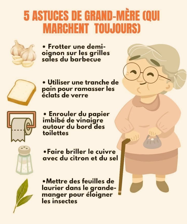 陸 5 astuces de grand-mère qui marchent toujours ! 

 1. Nettoyez les grilles du barbecue
 Frottez une demi-oignon dessus, la saleté part toute seule !

 2. Ramassez les éclats de verre
 Utilisez une tranche de pain, ça les attrape sans danger.

 3. Détartrez les bords des toilettes
 Enroulez du papier imbibé de vinaigre blanc et laissez agir.

 4. Faites briller le cuivre
 Mélangez citron  sel pour un éclat parfait !

 5. Éloignez les insectes du garde-manger
 Glissez-y quelques feuilles de laurier.

 Des astuces simples, naturelles et efficaces comme le faisait nos grands-mères !