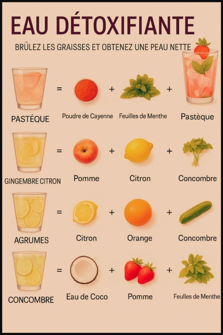 Eau Détoxifiante  Brûlez les graisses naturellement et purifiez votre peau !

Lété ou non, votre corps adore être bien hydraté 
Ces eaux détox maison sont parfaites pour éliminer les toxines, booster le métabolisme et retrouver une peau éclatante 

 Pastèque Détox : pastèque  feuilles de menthe  une pincée de poudre de Cayenne
 Gingembre Citron : citron  pomme  concombre
 Agrumes Fraîcheur : citron  orange  concombre
便 Concombre Coco : eau de coco  pomme  feuilles de menthe

 Infusez le tout dans une carafe deau fraîche pendant 2 à 4 heures, puis savourez !
Naturelle, rafraîchissante et pleine de bienfaits