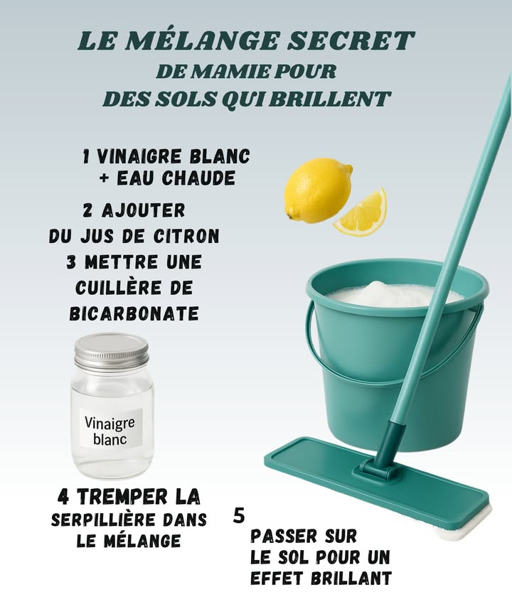 什 Le secret de mamie pour des sols qui brillent 什

1 Mélange du vinaigre blanc avec de leau chaude. Ça sent un peu fort, mais promis ça marche !

2 Presse un peu de jus de citron pour une touche fraîche. Et non, ce nest pas pour ta limonade 

3 Ajoute une cuillère de bicarbonate. Attention, ça mousse, pas besoin de panique !

4 Trempe la serpillière dans le mélange comme un chef. Si tu oublies de bien lessorer, bonjour la piscine à la maison

5 Passe sur ton sol et admire leffet brillant. Tu risques même de te voir dedans !