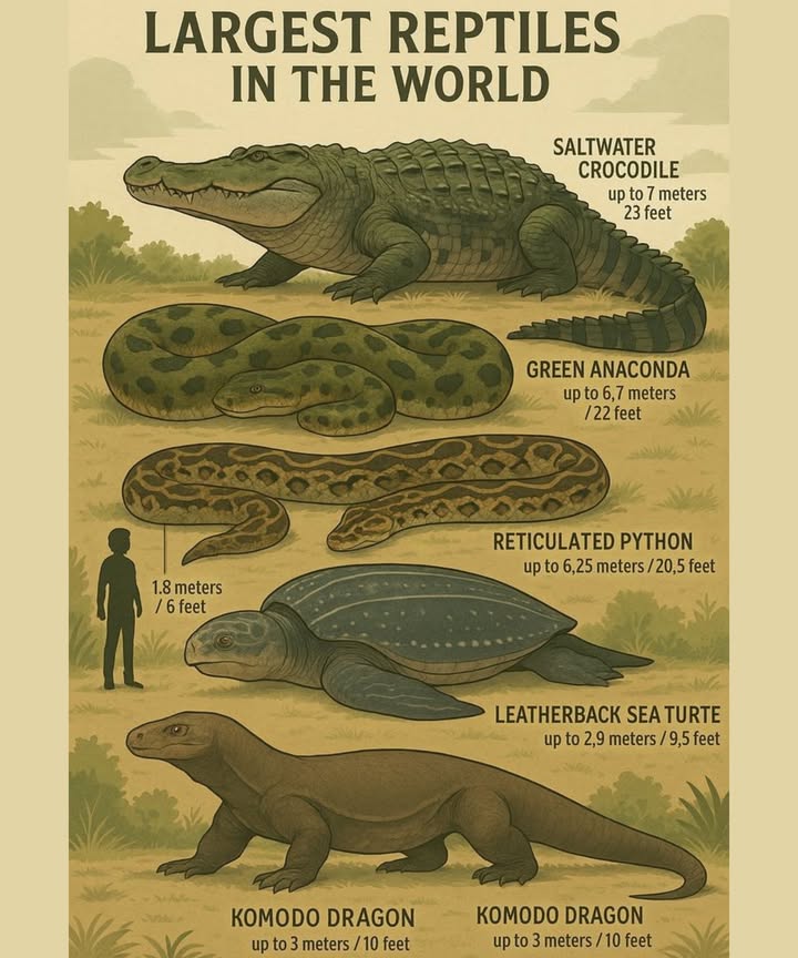 Largest Reptiles in the World! 
Discover the giants of the reptile kingdom  the biggest and most awe-inspiring species on Earth!

 1 Saltwater Crocodile
 Up to 7 meters / 23 feet
The largest living reptile & a top predator of the waters!

 2 Green Anaconda
 Up to 6.7 meters / 22 feet
The heaviest snake in the world  a true jungle legend!

 3 Reticulated Python
 Up to 6.25 meters / 20.5 feet
The longest snake in the world  master of stealth!

 4 Leatherback Sea Turtle
 Up to 2.9 meters / 9.5 feet
The largest turtle  majestic traveler of the oceans!

 5 Komodo Dragon
 Up to 3 meters / 10 feet
The largest lizard  a powerful predator from Indonesia!

 Natures giants that rule land, water, and sea!
