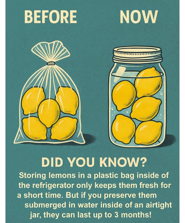 How to Keep Lemons Fresh for Months

When stored in a plastic bag, lemons usually stay fresh for only a few days. But if you place them in a clean glass jar, cover them completely with water, and seal the lid tightly, they can last up to 3 months in the refrigerator.

 The water keeps the peel hydrated, preventing it from drying out.
 The lemons retain their natural aroma, flavor, and juiciness for much longer.

A simple, practical way to reduce waste and always have fresh lemons ready for your recipes.