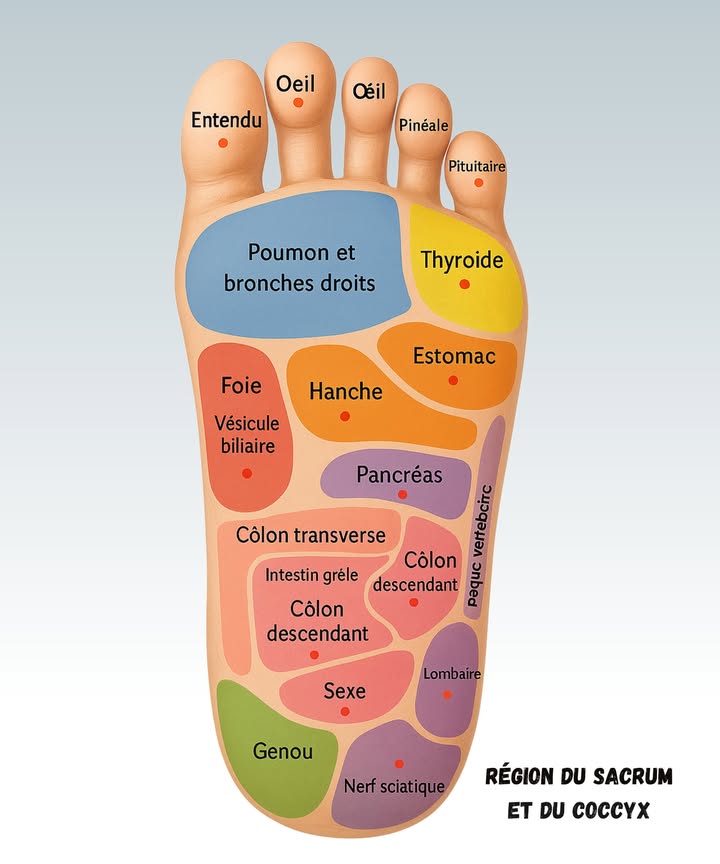 禮 La carte fun de la réflexologie plantaire 禮

1 Les orteils  ils parlent aux yeux et aux oreilles  pratique pour ceux qui plissent les yeux après une longue journée décran.

2 Le côté droit sous les orteils  poumons et bronches  à masser quand on a limpression de courir un marathon en montant juste les escaliers.

3 La voûte plantaire  estomac, pancréas et foie  idéal après un gros dîner où lon se dit toujours  ok demain je mange léger  mais on sait comment ça finit.

4 Vers le centre  colon et intestins  à stimuler quand on sent que la digestion fait un peu la grève.

5 Plus bas  sexe, hanches et lombaires  parfait pour détendre après une journée passée assis comme une statue devant lordi.

6 Enfin, le talon  genou et nerf sciatique 領 utile quand on se lève avec ce fameux  aïe  du matin qui rappelle quon na plus 20 ans.