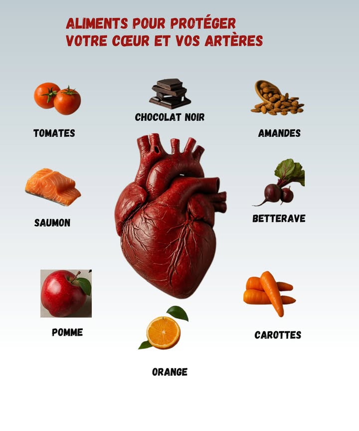 Les super aliments pour un cœur en pleine forme 

Et si ton assiette devenait ton meilleur médecin ? Certains aliments sont de véritables alliés pour protéger ton cœur et tes artères, tout en régalant tes papilles.

1 Les tomates 
Riches en antioxydants comme le lycopène, elles aident à garder des artères souples. Oui, même ta sauce spaghetti peut être bonne pour ton cœur !

2 Le chocolat noir 
Un petit carré par jour, et ton cœur te dira merci. Attention, on parle bien de chocolat noir pas de la tablette entière dévorée devant Netflix !

3 Le saumon 
Plein doméga-3, il réduit le mauvais cholestérol et protège les artères. Une vraie armure naturelle.

4 La betterave 塞
Excellente pour améliorer la circulation sanguine. Et en plus, elle met de la couleur dans lassiette et parfois sur les doigts oops.

5 Les amandes 
Croquantes et rassasiantes, elles aident à stabiliser le cholestérol. Une poignée suffit, pas besoin du paquet entier !

6 La pomme 
Un fruit simple, mais puissant : fibres  antioxydants = combo gagnant pour le cœur.

7 Lorange 
Riche en vitamine C, elle soutient limmunité et la santé vasculaire. Un jus frais le matin et hop, la journée démarre bien.

8 Les carottes 凌
Elles regorgent de bêta-carotène et dantioxydants pour protéger ton système cardiovasculaire.

Comme quoi, pas besoin de recettes compliquées : un peu de couleur dans ton assiette suffit déjà à prendre soin de ton cœur