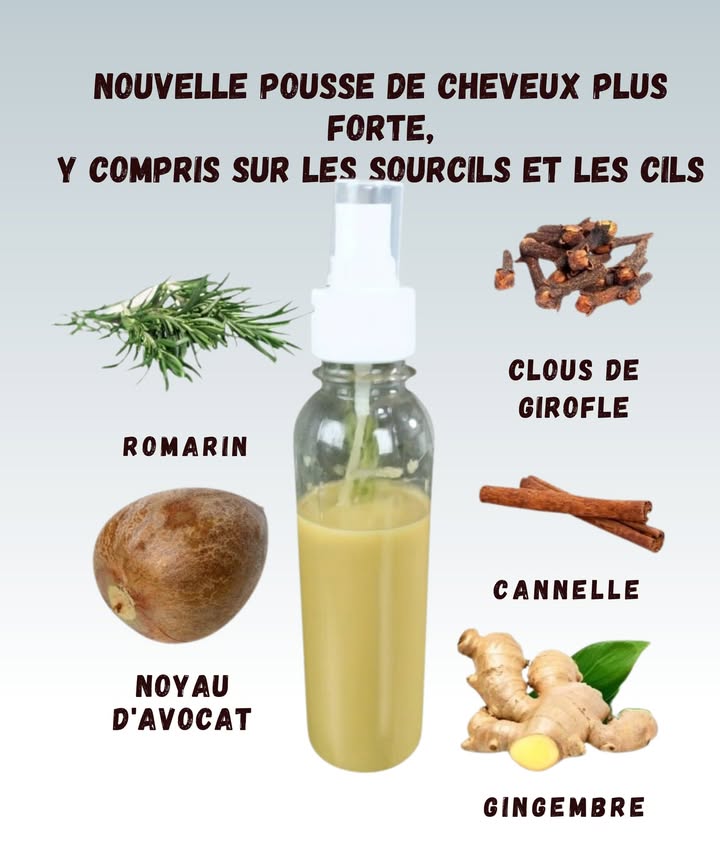 Spray Pour Stimuler la Pousse des Cheveux 

Ce petit mélange maison peut donner un vrai coup de pouce aux cheveux et oui, même aux sourcils quand on veut les sauver après une épilation un peu trop motivée 

1 Romarin
Aide à activer la circulation du cuir chevelu, parfait pour encourager une pousse plus dense.

2 Noyau davocat
Riche en nutriments, il nourrit et renforce la fibre capillaire.
on ne soupçonne jamais ce petit noyau 陋

3 Clous de girofle
Apportent de la brillance et peuvent renforcer les racines.

4 Cannelle
Peut stimuler la micro-circulation mais attention, on en met juste un tout petit peu 

5 Gingembre
Donne un petit effet chauffant naturel qui réveille les follicules capillaires.

Petit rappel sympa : toujours tester un peu sur la peau avant, histoire déviter la surprise cuir chevelu en mode volcan