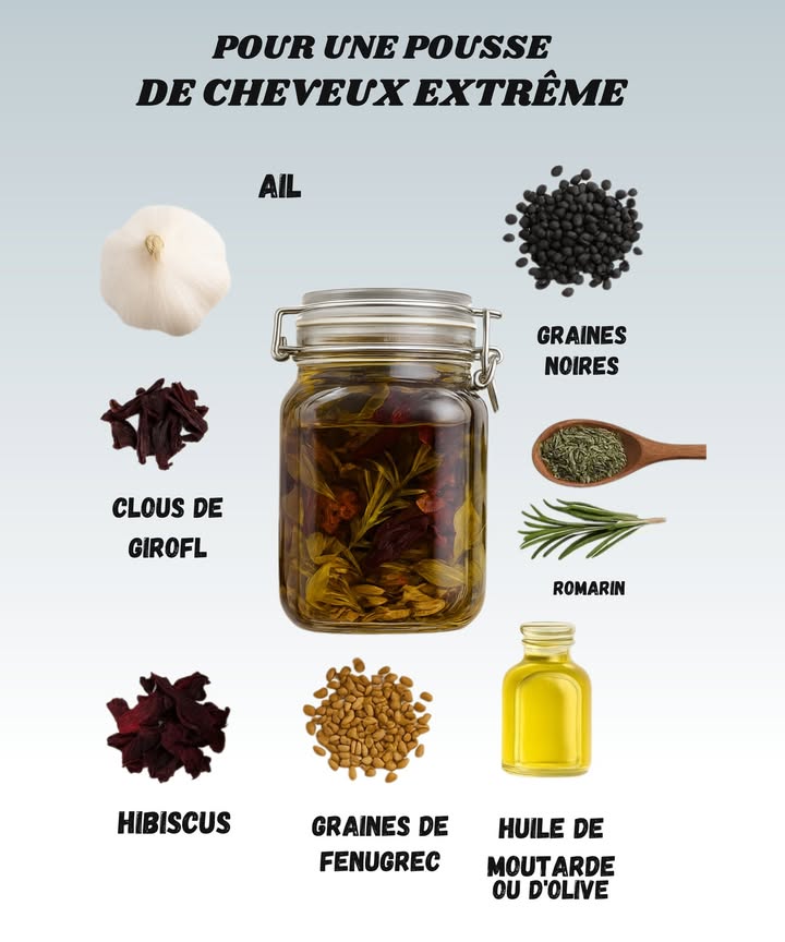 Recette maison pour une pousse de cheveux extrême 

1 Ail 龍  Stimule la circulation du cuir chevelu et renforce les racines. Cest le secret pour activer la repousse naturelle !

2 Graines noires   Connues comme les graines bénies, elles nourrissent en profondeur et préviennent la chute des cheveux.

3 Clous de girofle   Ils boostent la brillance, freinent la casse et laissent une odeur épicée très agréable.

4 Romarin   Favorise la croissance rapide et lutte contre les cheveux blancs précoces.

5 Hibiscus   Donne de la douceur et de léclat tout en épaississant la fibre capillaire.

6 Graines de fenugrec   Riches en protéines, elles rendent les cheveux plus forts et plus volumineux.

7 Huile de moutarde ou dolive 㮝  Base idéale pour infuser tous ces ingrédients. Elle nourrit, hydrate et stimule les follicules.

 Préparation :
Fais chauffer doucement ton huile, ajoute tous les ingrédients et laisse infuser 7 à 10 jours dans un bocal fermé. Filtre avant usage.

 Utilisation :
Masse ton cuir chevelu 2 à 3 fois par semaine avec quelques gouttes. Laisse poser 1 heure ou toute la nuit si possible puis lave avec un shampoing doux.

Petit conseil  : le parfum est un peu fort, alors ajoute une goutte dhuile essentielle de lavande ou de menthe pour une touche fraîche et apaisante !