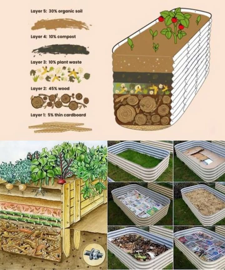 Build a Raised Hugelkultur Garden Bed Layer by Layer 

1. Bottom layer 5% cardboard
Place flattened cardboard to block weeds from sprouting.

2. Wood layer 45%
Add logs, sticks, and branches. They break down slowly, storing moisture and nutrients.

3. Green waste 10%
Use grass clippings, leaves, or small prunings. Provides nitrogen and speeds up decomposition.

4. Compost 10%
Add kitchen scraps, aged manure, or organic matter for quick nutrition.

5. Topsoil 30%
Finish with rich garden soil, mixed with a bit of sand or loam. This is the planting zone.

 Tips:

Water thoroughly once built to kickstart decomposition.

Mulch the surface to retain soil moisture.

Perfect for growing lettuce, tomatoes, cucumbers, beans, and herbs.