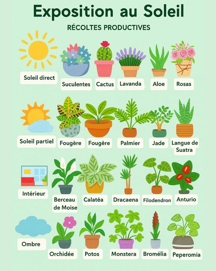 Votre plante reçoit-elle la bonne dose de soleil ? Chaque espèce a ses préférences : plein soleil, mi-ombre ou intérieur Bien choisir son exposition change tout pour sa croissance !