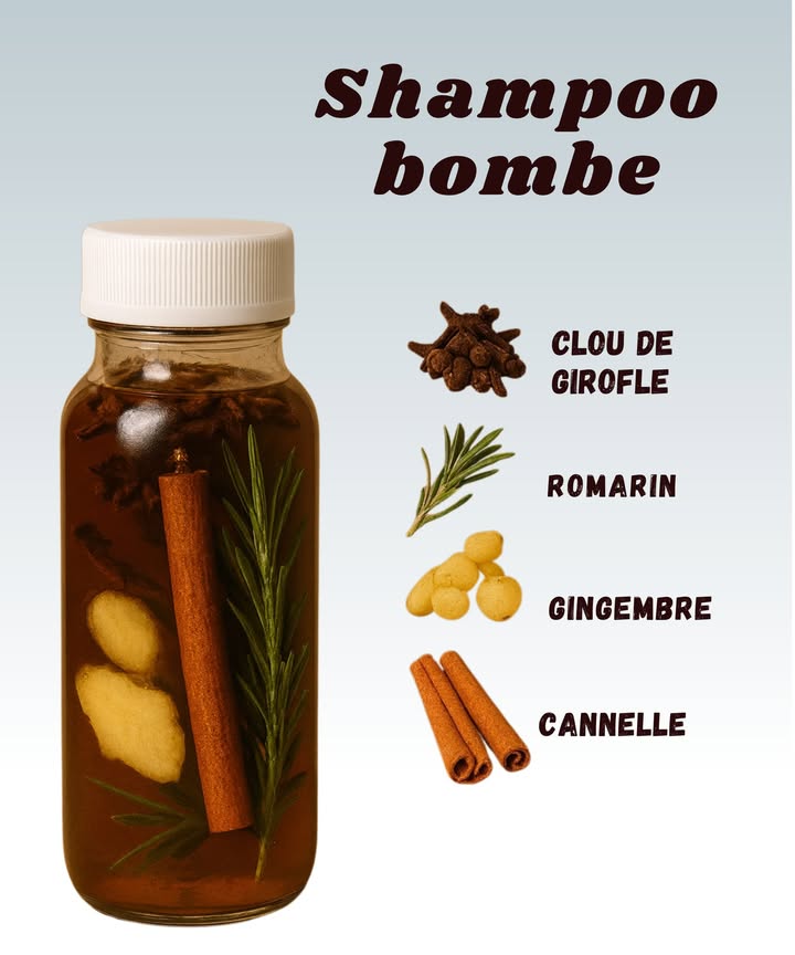 Shampooing Bombe Naturel 

Ce mélange simple réveille le cuir chevelu, stimule la pousse et redonne de la force aux cheveux fatigués. Lodeur en plus est vraiment incroyable.

1 Clou de girofle
Tonifie et purifie le cuir chevelu. Il aide à réduire les pellicules et stimule la circulation.

2 Romarin
Connu pour ralentir la chute et favoriser une repousse plus dense. On aurait dû lutiliser bien avant.

3 Gingembre
Un vrai coup de boost pour les racines. Il réchauffe, active et réveille les follicules endormis.

4 Cannelle
Apporte douceur et éclat. Elle parfume tout le soin, même après le rinçage.

Préparation rapide :
Fais bouillir un verre deau. Ajoute une poignée de clous de girofle, une branche de romarin, quelques morceaux de gingembre et un bâton de cannelle. Laisse infuser 10 minutes, filtre et verse dans ton shampooing. Secoue bien avant chaque utilisation.

Astuce : Utiliser 2 à 3 fois par semaine mais pas juste une fois parce que  tu as la flemme , sinon aucun résultat ne se voit.