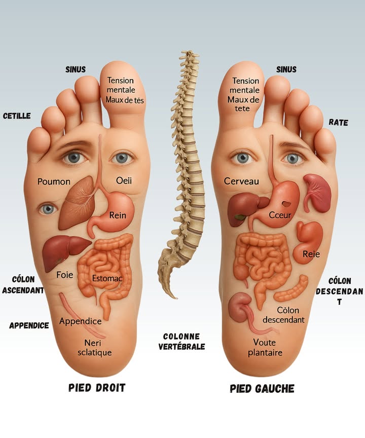 禮 La carte secrète de tes pieds 禮

1 Les orteils parlent de ton mental et de tes sinus. Quand tu es stressé ou que tu as mal à la tête, un massage ici peut faire des merveilles. Moi, jai déjà essayé sauf que jappuyais trop fort, résultat : plus de chatouilles que de détente !

2 Le centre du pied cache les poumons, le cœur et même les yeux. Oui oui, cest fou de voir à quel point tout est lié. La première fois, jai cru quon exagérait jusquà sentir mes yeux se détendre après un massage.

3 Le côté droit correspond au foie, à lestomac et à lappendice. Pratique après un repas trop lourd. Par contre, faut pas sétonner si ça tire un peu, cest normal.

4 Le côté gauche, lui, prend soin de la rate, du rein et du côlon descendant. Cest une zone qui booste ton énergie et ta digestion. Mais attention, on oublie souvent le bas du pied alors que la voûte plantaire est ultra importante.

5 Et puis il y a la colonne vertébrale représentée au centre des deux pieds. Masser le long de cette zone aide à relâcher les tensions du dos. Petit aveu : jai testé et jai fini par mendormir direct.

Tu serais tenté dessayer un auto-massage complet ou tu préfères que quelquun le fasse pour toi ?