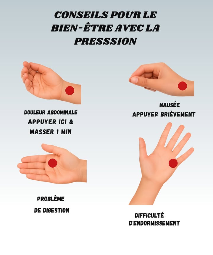Soulager son corps avec quelques pressions 

1 Douleurs abdominales
Appuie doucement sur le point près du poignet et masse une minute. Attention à ne pas appuyer trop fort, sinon tu oublies de te détendre.

2 Nausées
Une petite pression brève suffit à calmer linconfort. Beaucoup continuent trop longtemps et finissent par se demander pourquoi ça chatouille plus que ça soulage.

3 Digestion compliquée
Masse le creux au centre de la paume. Idéal après un repas copieux surtout quand on regrette davoir repris une deuxième assiette.

4 Difficultés à sendormir
Appuie au centre de la main et garde la pression quelques instants. Le piège classique ? Se concentrer tellement sur la technique quon oublie de fermer les yeux.

 Des gestes simples qui apportent un vrai coup de pouce au quotidien !