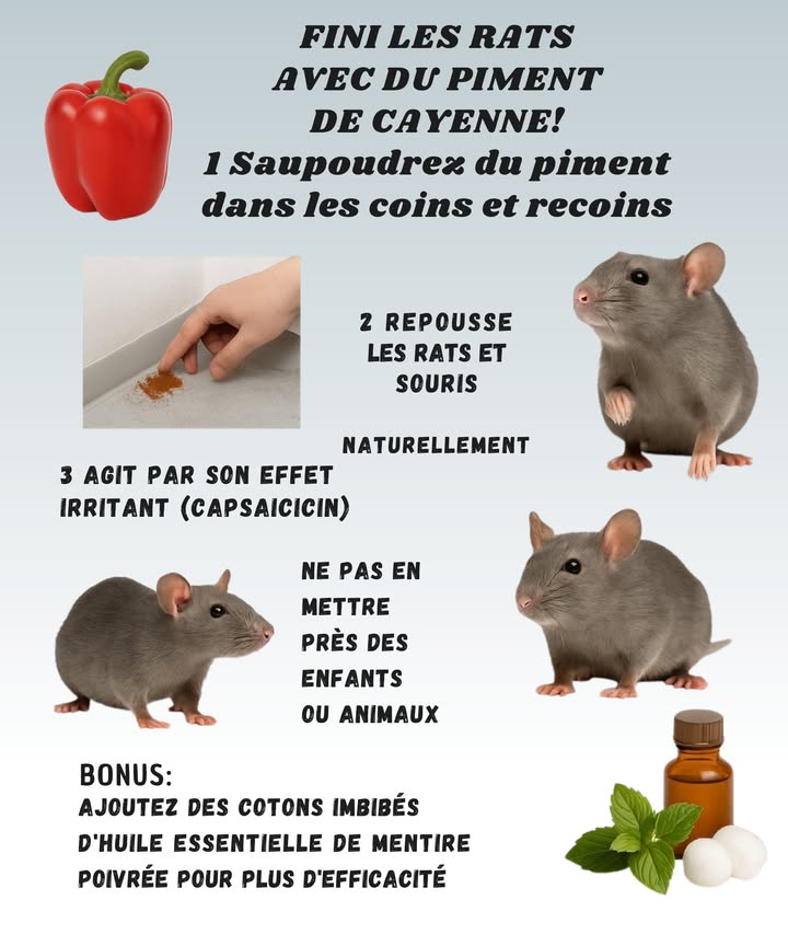 Adieu les rats avec le piment de Cayenne 

1 Saupoudre un peu de piment dans les coins et recoins où les rats passent souvent. Tu vas voir, ils naiment pas du tout ça !

2 Ce remède naturel les repousse grâce à son odeur forte et piquante. Parfait pour éviter les produits chimiques à la maison !

3 Le secret ? La capsaïcine, une substance irritante qui agit comme un bouclier anti-rongeurs. Oui, ça pique un peu… et eux détestent ça !

 Petit rappel : nen mets pas près des enfants ou des animaux domestiques, ça pourrait leur irriter la peau ou les yeux.

 Bonus astuce : dépose quelques cotons imbibés dhuile essentielle de menthe poivrée pour renforcer leffet. Les rats senfuiront illico !

Et si tu oublies de remettre du piment après avoir nettoyé… ne tétonne pas si ton visiteur poilu revient