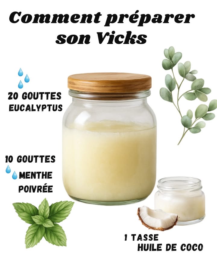 Comment préparer son baume maison façon Vicks 

1 Commence avec 1 tasse dhuile de coco 便
Cest la base onctueuse de ton baume. Attention à ne pas en mettre trop chaude, sinon tu risques de finir avec une soupe grasse au lieu dune pommade

2 Ajoute 20 gouttes deucalyptus 
Ça dégage le nez et apporte une vraie sensation de fraîcheur. Erreur fréquente : en mettre 40 gouttes dun coup et avoir limpression de respirer une forêt entière.

3 Termine avec 10 gouttes de menthe poivrée 
Parfait pour booster leffet rafraîchissant. Mais ne teste pas en te frottant les yeux après, ça pique fort !

 Et voilà ! Un petit baume maison prêt à être utilisé. Tu veux que je tajoute aussi une astuce de conservation sympa ?