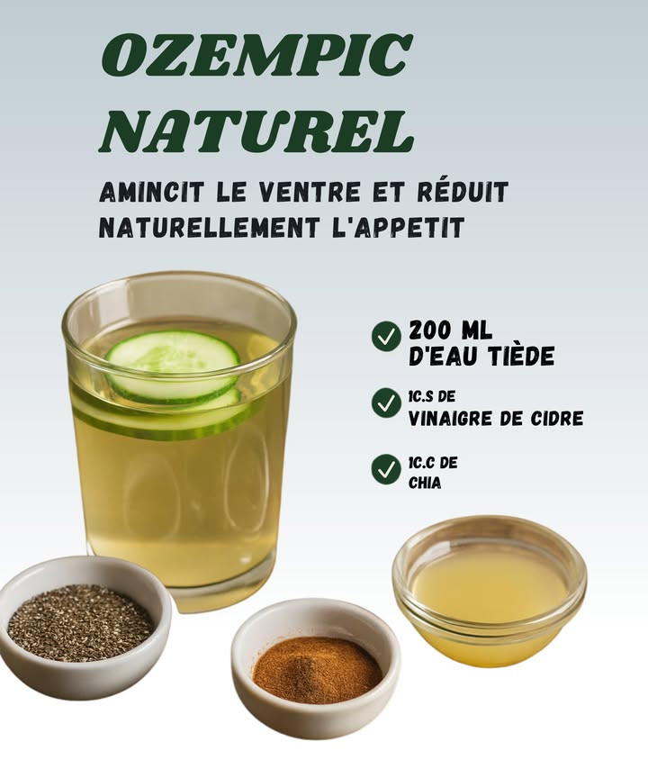勒 Boisson ventre plat maison 勒

1 200 ml deau tiède pas brûlante, sinon cest un thé express et tu risques de te brûler la langue.

2 1 cuillère à soupe de vinaigre de cidre, ça pique un peu mais ton estomac adore.

3 1 cuillère à café de graines de chia, elles gonflent et te calment la faim par contre, noublie pas de bien mélanger, sinon tu croques tout au fond !.

Un petit rituel simple qui aide à réduire lappétit et à se sentir plus léger. Parfait le matin, sauf si tu oublies le vinaigre et que ça devient juste de leau tiède au chia beaucoup moins fun !