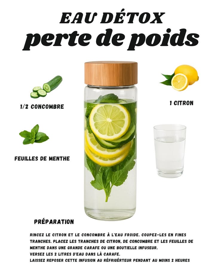 Eau Détox Perte de Poids 

1 Coupe ton demi-concombre et ton citron en rondelles fines. Attention, si tu les coupes trop épaisses, ça flotte partout et cest galère à boire !

2 Ajoute quelques feuilles de menthe bien fraîches. Petite astuce : froisse-les un peu avant de les mettre, ça libère plus darôme.

3 Remplis une grande carafe avec environ 2 litres deau. Pas la peine dessayer avec un verre, ça disparaît en deux gorgées

4 Mets tout au frigo pendant au moins 2 heures. Oui, je sais, cest tentant de boire tout de suite, mais crois-moi, le goût est bien meilleur après repos.

Et voilà, une boisson fraîche, légère et qui donne envie de boire plus deau sans sen lasser !