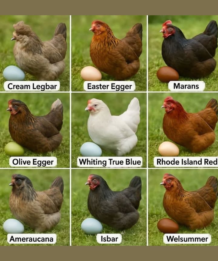 讀 Colorful Eggs & Charming Hens: Meet 9 Amazing Chicken Breeds! 
冀 1. Cream Legbar
Egg Color: Sky Blue

Why Youll Love Her: Auto-sexing breed, beautiful crest, and consistent layers of gorgeous blue eggs.

李 2. Easter Egger
Egg Color: Surprise! Blue, green, or even pinkish

Fun Fact: Not a true breed, but a mix  which makes their eggs a delightful mystery.

 3. Marans
Egg Color: Dark Chocolate Brown

Why Theyre Special: These French beauties are known for laying some of the darkest brown eggs on earth!

 4. Olive Egger
Egg Color: Olive Green

Cool Combo: A hybrid cross of dark egg layers  blue egg layers = those signature green gems.

 5. Whiting True Blue
Egg Color: Bright Blue

Bonus: Prolific egg-layers and great for anyone who wants lots of blue eggs without surprises.

杻 6. Rhode Island Red
Egg Color: Light Brown

Classic Choice: Hardy, friendly, and one of the most popular backyard breeds for generations.

 7. Ameraucana
Egg Color: Blue

Unique Trait: Adorable muffs and beard with steady blue egg production.

勇 8. Isbar
Egg Color: Green with possible speckles

Scandinavian Charm: These rare Swedish chickens lay unique green eggs and have a sweet disposition.

 9. Welsummer
Egg Color: Rich, Speckled Brown

Farmhouse Favorite: The perfect rustic egg look with a calm and friendly temperament.