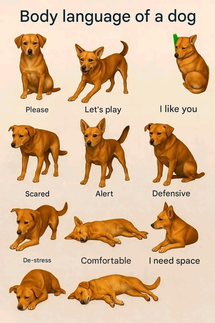 Dogs Speak with Their Body  Learn to Read Their Emotions! 

Dogs are social animals that communicate effectively through body language. Their posture, tail, ears, eyes, and mouth can reveal a wide range of feelings.

 Posture
 Relaxed: Calm and comfortable  head and tail in neutral position.
 Alert: Head and tail raised  attentive and curious.
 Defensive: Rigid body, head and tail down  feeling threatened.

 Tail
 High: Confidence and happiness.
 Low: Submission.
 Wagging: Excitement or joy.

 Ears
 Forward: Interest and alertness.
 Pulled back: Fear or nervousness.
 Droopy: Sadness.

 Eyes
 Bright: Happiness and enthusiasm.
 Dull: Sadness or discomfort.
 Fixed gaze: Focused and alert.

 Watching these signs can help you understand your dogs emotions better