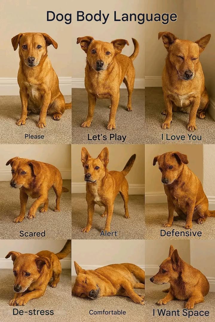 Dog Body Language Made Simple 

Relaxed body = calm dog

Wagging high tail = happy

Tail tucked = scared

Ears forward = curious

Ears back = stressed

Staring = challenge

Looking away = submission

Yawning/licking = stress sign

 Watch closely. Your dog speaks without words!