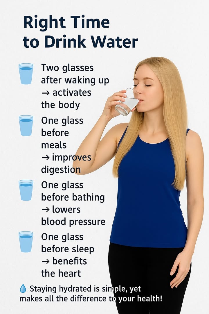 Best Times to Drink Water 

1 2 glasses after waking up  wake up your body
2 1 glass before meals  supports digestion
3 1 glass before showering  helps regulate blood pressure
4 1 glass before bedtime  protects the heart

 Staying hydrated is easy but it makes a huge difference for your health!