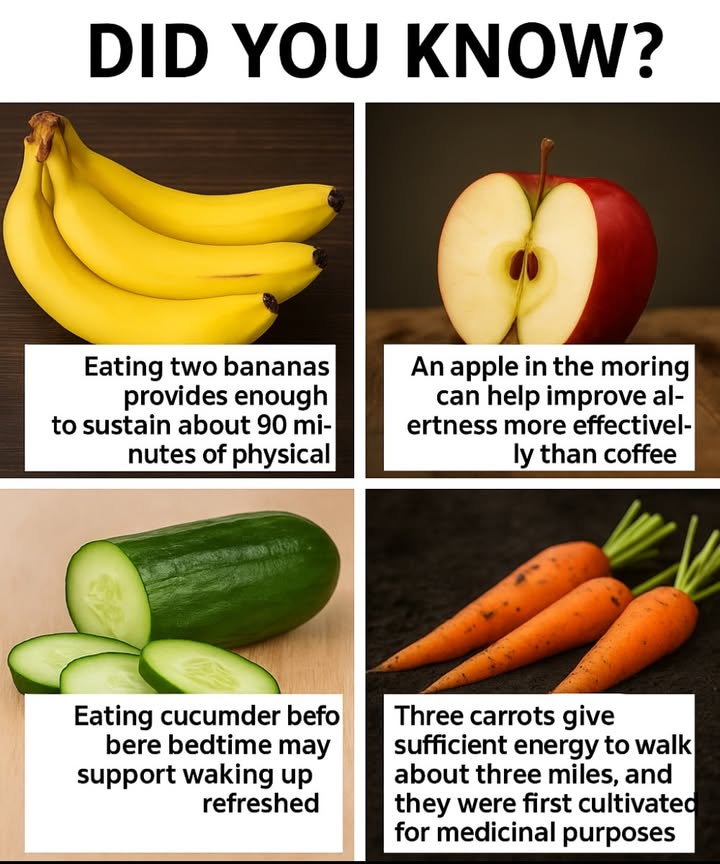 Eating two bananas provides enough energy to sustain about 90 minutes of physical activity.

An apple in the morning can help improve alertness more effectively than coffee.

Eating cucumber before bedtime may support waking up refreshed and without headaches.

Three carrots give sufficient energy to walk about three miles, and they were first cultivated for medicinal purposes.
