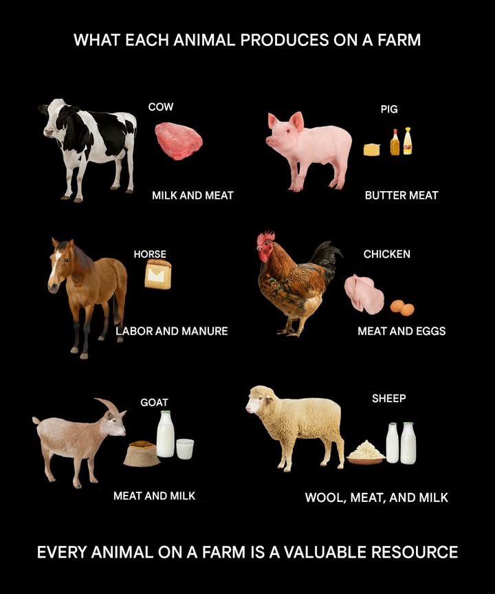WHAT EACH FARM ANIMAL PRODUCES 

On a farm, every animal plays a special role in providing us with valuable resources. Heres a clear and friendly breakdown:

1 Cow 
Cows give us fresh milk for cheese and yogurt, along with nourishing meat for our meals.

2 Pig 
Pigs provide tasty meat enjoyed in many dishes, as well as fat that can be used in cooking.

3 Horse 
Horses help with farm work and transport, and their manure is an excellent natural fertilizer.

4 Chicken 
Chickens offer fresh eggs almost every day, plus tender meat for delicious recipes.

5 Goat 
Goats produce light, nutritious milk for cheese-making, and also provide flavorful meat.

6 Sheep 
Sheep give us warm wool for clothing, rich milk for dairy products, and meat for hearty meals.

 Each farm animal is a treasure that keeps the farm balanced and sustainable