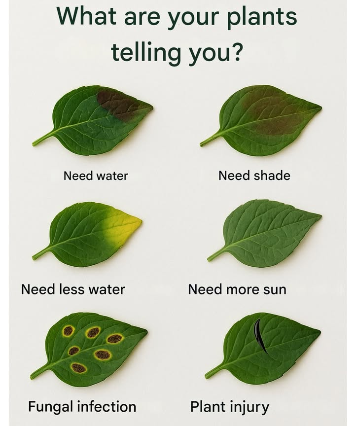 Signs Your Plant Might Be in Trouble

 Too little water  dry, crispy leaves with yellow edges
 Too much sun  scorched or yellowing foliage
 Not enough light  pale leaves and spindly growth
 Overwatering  yellowing leaves, mushy or rotting roots
 Fungal problems  spots or white/gray mold on leaves
 Pest attack  holes in leaves, visible bugs or webs

Pay attention, nurture, and help your plant thrive