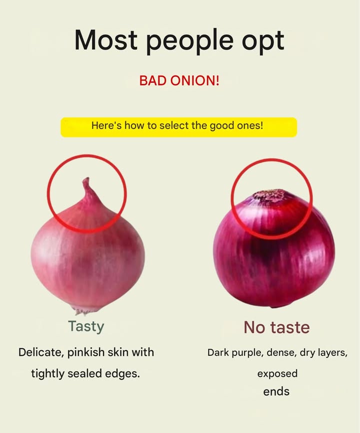 Most people pick their onions wrong, but you wont have that problem anymore!  Go for onions with a pink, thin, almost paper-like skin and tightly closed tips  theyre juicy and full of flavor.  Avoid dark purple, dry onions with split ends; theyve lost their freshness and taste.