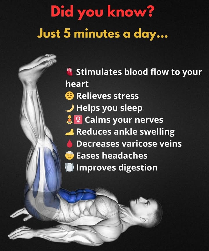Benefits of Raising Your Legs for 5 Minutes:

1. Enhances Blood Circulation
Elevating your legs encourages blood to move back toward the heart, easing heaviness and fluid buildup in the lower body.

2. Helps Reduce Swelling in Feet and Ankles
Prolonged sitting or standing can cause fluid retention. Lifting your legs allows the body to naturally release this excess.

3. Lowers Pressure on the Veins
This position lightens the workload on the leg veins and can help relieve discomfort related to varicose veins.

4. Soothes the Nervous System and Promotes Relaxation
Similar to gentle yoga, it brings the body into a calmer state, slowing the heart rate and easing mental stress.

5. Relieves Tension in the Back and Legs
Raising the legs helps relax the lower back and leg muscles, leaving the body feeling more comfortable and relaxed.

How to Do It:
Lie on your back close to a wall, place your legs straight up at a 90 angle, breathe slowly, and stay there for 510 minutes.

Best Times:
Before bed, after a long tiring day, or anytime youve been sitting or standing for too long.
#fblifestyle