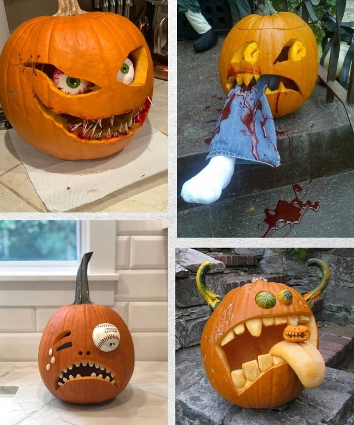 Creative Pumpkin Carving Ideas 

1 Add frightening eyes and sharp teeth for a dramatic effect.
2 Create a scene with props, like a pumpkin biting into a fake leg.
3 Use objects such as a baseball to design playful or surprising expressions.
4 Carve exaggerated mouths, tongues, or horns to give a monster-like look.
5 Combine humor and creativity to make decorations stand out during the season.
#fblifestyle 
#pumpkincarving #HalloweenDecor