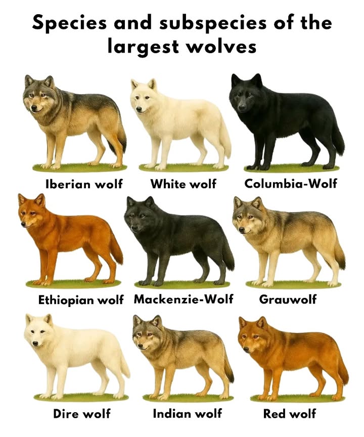 Types and Subspecies of Wolves  The Largest Representatives 

Wolves are among the most fascinating predators on our planet. Over thousands of years, they have adapted to diverse habitats, climates, and food sources, leading to a remarkable variety of species and subspecies. Depending on their environment, wolves differ in size, coat color, and behavior. Below are some of the most well-known and impressive wolf species around the world.

1. Iberian Wolf Canis lupus signatus 
Found mainly in Spain and Portugal, the Iberian wolf is medium-sized, with a grayish-brown coat and distinctive dark stripes on its forelegs. Although protected, it remains threatened in many regions.

2. Arctic Wolf Canis lupus arctos 
This subspecies inhabits the frozen regions of the Canadian Arctic and Greenland. Its white coat provides perfect camouflage in the snow. Adapted to extreme cold, it survives by hunting musk oxen and caribou.

3. Columbian Wolf Canis lupus columbianus 
Native to the forests and mountain ranges of Canada and the U.S., this wolf is large, strong, and often dark-colored. It thrives in dense woodlands as well as higher elevations.

4. Ethiopian Wolf Canis simensis 
One of the rarest wolf species in the world, the Ethiopian wolf lives in the highlands of Ethiopia. Unlike most wolves, it often hunts alone, primarily targeting rodents. Its reddish coat makes it instantly recognizable.

5. Mackenzie Wolf Canis lupus mackenzii 
This large subspecies inhabits northern Canada. Typically black or dark gray, it is highly adaptable. Its size and strength make it one of the most impressive wolves in North America.

6. Gray Wolf Canis lupus 
The most widespread and iconic wolf species, the gray wolf ranges across Europe, Asia, and North America. It varies greatly in size and coloration, but everywhere it remains a powerful symbol of wilderness and resilience.

7. Dire Wolf Canis dirus, extinct 領
Although extinct, the dire wolf continues to spark fascination. It lived during the Ice Age in North and South America, was stockier than todays gray wolf, and specialized in hunting large prey.

8. Indian Wolf Canis lupus pallipes 
Smaller and more lightly built than its northern relatives, the Indian wolf inhabits dry regions of India and the Middle East. With its sandy-colored coat, it preys mostly on small animals.

9. Red Wolf Canis rufus 
A rare species native to the southeastern United States, the red wolf has a slender frame and reddish-brown fur. Critically endangered, it is the focus of conservation breeding programs.

The Role of Wolves in Nature 

Wolves are vital to ecosystems. By controlling wild animal populations, they help maintain balance and prevent overgrazing. Without them, entire landscapes can become disrupted and lose their natural diversity.