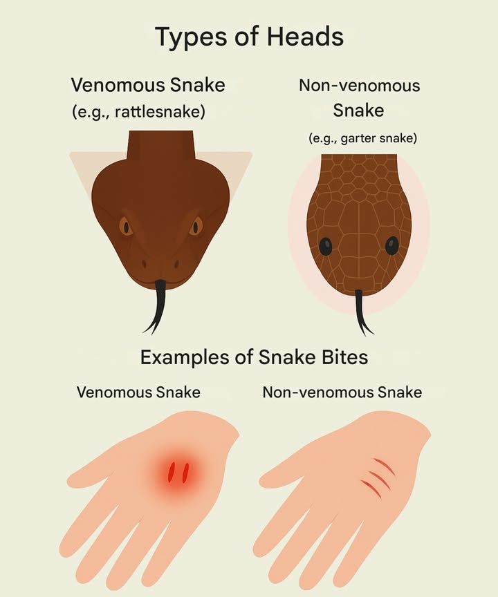 How to Tell Venomous and Non-Venomous Snakes Apart  and Identify Their Bites

 Identifying Features Head shape
 Venomous snakes like rattlesnakes: triangular or spade-shaped head, noticeably wider than the neck due to venom glands
 Some harmless snakes can mimic this shape by flattening their heads
 Non-venomous snakes like garter snakes: oval or round heads, not distinct from the body

喝 Bite marks
 Venomous bite: 1 or 2 deep puncture wounds fangs; often followed by swelling, redness, and intense pain
 Seek medical help immediately

 Non-venomous bite: multiple small scratches or U-shaped marks; usually less painful
 Clean thoroughly to prevent infection

 Safety tips
 Never try to catch or get close to a snake
 Dont rely solely on head shape for identification
 If bitten, stay calm and from a safe distance try to note the snakes appearance to help medical staff