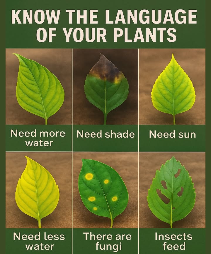 Know the Language of Your Plants 
 Need More Water
Signs: Leaves appear wilted, limp, or faded in color.
Fix: Increase watering frequency. Check soil moisture regularly.

 Need Shade
Signs: Leaf tips are scorched or burnt, usually turning brown or black.
Fix: Move the plant to a spot with indirect light or provide a shade cloth.

 Need Sun
Signs: Pale, yellow-green leaves that lack vibrancy.
Fix: Place your plant in a brighter location with more direct or filtered sunlight.

 Need Less Water
Signs: Yellowing leaves, often starting at the tips or base.
Fix: Let the soil dry out between waterings and ensure proper drainage.

 There Are Fungi
Signs: Circular yellow or brown spots on the leaves.
Fix: Prune affected areas, improve air circulation, and avoid wetting the leaves.

 Insects Feed
Signs: Holes or chewed-out sections in the leaves.
Fix: Inspect for pests like caterpillars or beetles and use natural repellents or insecticidal soap.

 Pro Tip:
Healthy leaves are vibrant, evenly colored, and free from spots or damage. A regular check-in with your plants can prevent small issues from becoming big problems.