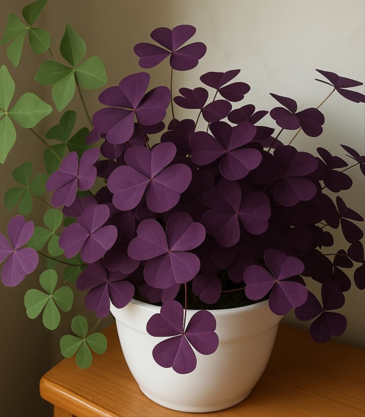A plant that seems straight out of a fairy tale  is Oxalis triangularis, also known as purple shamrock. Its vibrant purple, triple-heart-shaped leaves open and close in time with the light, creating a natural spectacle full of life and movement.

This plant stands out not only for its color but also for its elegance and lightness. Its perfect for beautifying interiors, balconies, or spaces with indirect light, where its vibrant hues contrast beautifully with white or decorative ceramic pots . Its foliage can also come in shades of green, as seen in this image, adding even more charm to its appearance.

Purple shamrock is easy to care for: it prefers bright but soft light, moderate watering, and a well-drained substrate . It also has the ability to go dormant during cold or dry periods, only to sprout again with greater vigor. It is a lively, sensitive, and grateful plant.

It symbolizes good luck, love, and balance. Many people choose it for its clover-like shape, associated with good fortune, and for its rarity, making it a true treasure for collectors and lovers of the unusual.

You can find it in ornamental plant nurseries or search for it online as Oxalis triangularis, purple clover, or purple butterfly plant.
