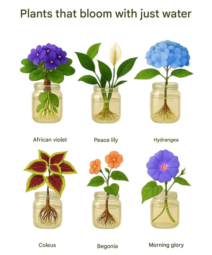 Plants That Grow Only in Water 

I also thought they needed soil but these beauties thrive in just water and good light!

 African Violet  Small, colorful, perfect for window sills
 Pothos  Hardy, decorative, and air-purifying
 Peace Lily  White flowers that bring calm to any room
 Hydrangea  Romantic and stunning when in bloom
 Coleus  Bright leaves that liven up any corner
 Begonia  Visible roots and constant blooms
 Morning Glory  Fast-growing vine full of color