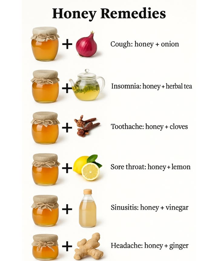Honey: A Natural Helper for Simple Everyday Discomforts 

蠟 Soothing a Cough
Honey  Onion
 Chop an onion and cover it with honey. Let it sit for a few hours.
Take a small spoonful to help calm throat irritation and reduce coughing.

 Supporting Better Sleep
Honey  Herbal Tea
 Add a spoonful of honey to warm chamomile or lavender tea.
It can help relax the body and encourage restful sleep.

 Temporary Toothache Relief
Honey  Clove
 Mix honey with a small amount of ground clove and apply gently to the affected area.
Clove has natural comforting properties that may help ease the pain.
#fblifestyle
