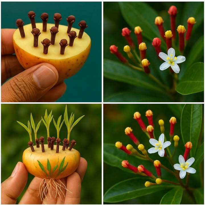 Growing Cloves at Home 

1 Prepare the base
Use a potato or an onion as a moist support. This base keeps the cloves in a suitable environment for germination.

2 Insert the cloves
Gently press whole cloves into the surface of the potato or onion. They should stay stable without being pushed too deep.

3 Provide proper conditions
Place the base in a warm, bright location. Avoid strong direct sunlight but ensure enough light to encourage growth.

4 Watch for sprouts
Within a few weeks, roots and small shoots will start to appear from the cloves. This marks the beginning of development.

5 Transplant the seedlings
Once the sprouts become strong, transfer the germinated cloves into a pot with rich soil or directly into the ground if the climate is suitable.

With regular watering and consistent care, the young plants will gradually grow into clove trees.