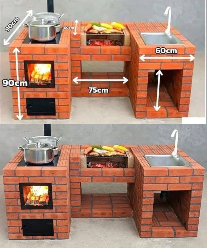 DIY Brick Outdoor Kitchen: Practical, durable, and versatile 

An outdoor kitchen in the garden is a dream for many cooking and barbecue enthusiasts. With a solid brick structure, this dream can be achieved easily, affordably, and lastingly. The featured model combines a wood-fired oven, grill, and sink in a compact design  perfect for long summer evenings with friends and family.

Benefits of a brick outdoor kitchen

Strong and long-lasting: bricks withstand heat, cold, and moisture.

Multifunctional: cook, grill, and wash in one spot.

Low maintenance: easy to clean and weather resistant.

Eco-friendly: uses wood fuel instead of electricity.

Customizable: expand or modify according to your needs.

Structure and dimensions

Wood oven left: 90 cm tall, 60 cm wide, with a door and cooking surface.

Grill area center: 60 cm tall, 75 cm wide, ideal for meat, fish, and vegetables.

Sink right: 60 cm tall, 60 cm wide, with tap and drainage.

Materials required

Red bricks or concrete blocks

Heat-resistant mortar

Cast-iron doors and grill racks

Stainless steel sink with faucet

Drain pipe for the sink

Optional: natural stone or tiled countertop

Step-by-step guide

1. Prepare the foundation: ensure a stable base concrete slab recommended.

2. Build the oven: layer bricks, plan the fire chamber, and line with fireproof material.

3. Set up the grill: create space for embers and place the grill rack.

4. Install the sink: fit the basin, connect the water supply and drainage.

5. Let it dry: allow at least 48 hours before first use.

Care and usage

Clean regularly, especially the grill and sink.

Cover in heavy rain for protection.

Fully extinguish the fire after cooking.

Store wood in a dry place.
