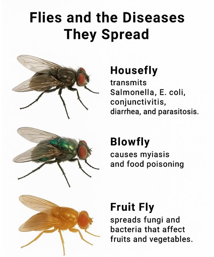 練 Flies and the Diseases They Spread

Small but dangerous, flies can carry hundreds of microorganisms on their legs and bodies, contaminating food and household surfaces.

 Housefly  spreads salmonella, E. coli, conjunctivitis, diarrhea, and various intestinal parasites.
 Blowfly  can cause myiasis infestation by larvae and food poisoning.
 Fruit fly  transmits fungi and bacteria that damage fruits and vegetables.

 Essential prevention:
Keep your kitchen clean, cover food, empty the trash regularly, and use natural traps or repellents.

A clean home is the best protection against flies and the illnesses they carry. 識

#flies #health #hygiene  #prevention