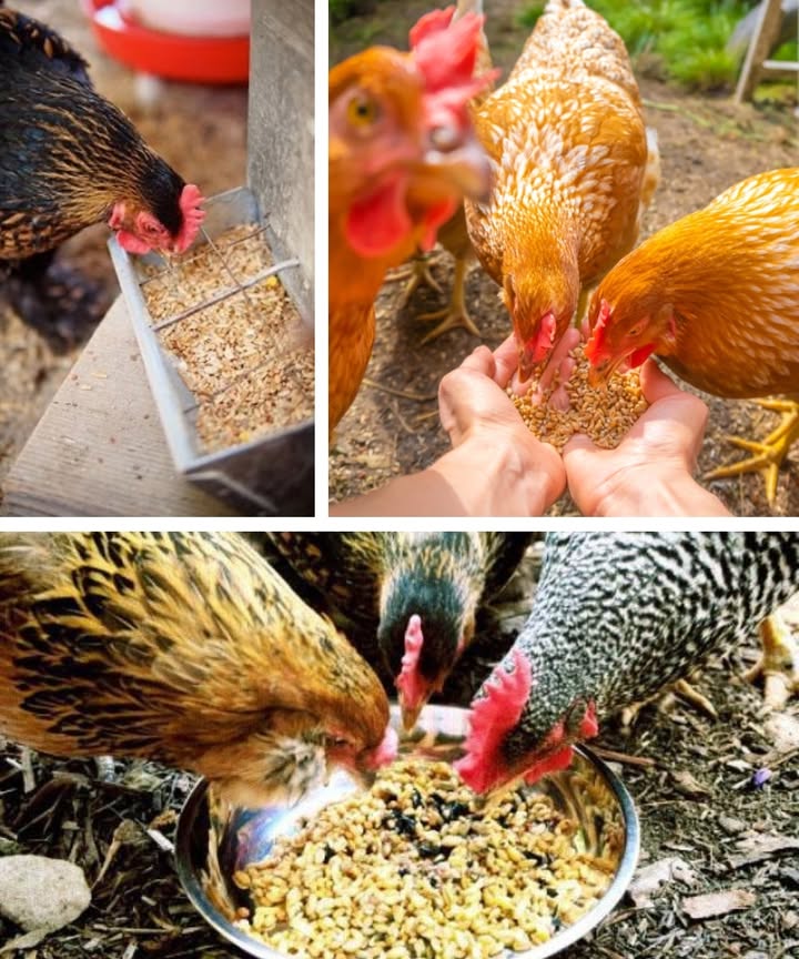 6 Homemade Recipes to Feed Your Chickens Naturally and Effectively

 Key nutritional needs:

Protein: supports growth and egg production.

Carbohydrates: provide energy, especially in cold weather corn, oats.

Vegetables: rich in vitamins A, E, and calcium.

Minerals: from seaweed, fish meal, crushed eggshells.

 Ideal proportions:

60% grains corn, wheat

20% split peas

10% oats

510% fish meal

25% seaweed powder

Crushed eggshells optional

北 Homemade feed ideas:

1. Simple daily mix
Cracked corn, split peas, wheat, oats, flaxseeds, seaweed powder, eggshells.

2. Balanced basic recipe
Wheat, corn, split peas, sunflower seeds, flaxseeds.

3. Barley-based mix
Barley, wheat, millet bran, split peas, oats optional.

4. Starter feed for chicks
Ground oats, ground wheat, ground split peas, fish meal, sunflower seeds, brewers yeast.

5. Nutrient-rich sprouted grains
Sprouted grains corn, wheat, barley, split peas, oats, sesame seeds, mealworms.

6. Organic non-GMO mix
Corn, split peas, wheat, oats, barley, fish meal, mineral salts, eggshells.

 Final tips:

Free-range chickens often find valuable natural supplements on their own.

Adding fresh vegetables boosts health and egg production.