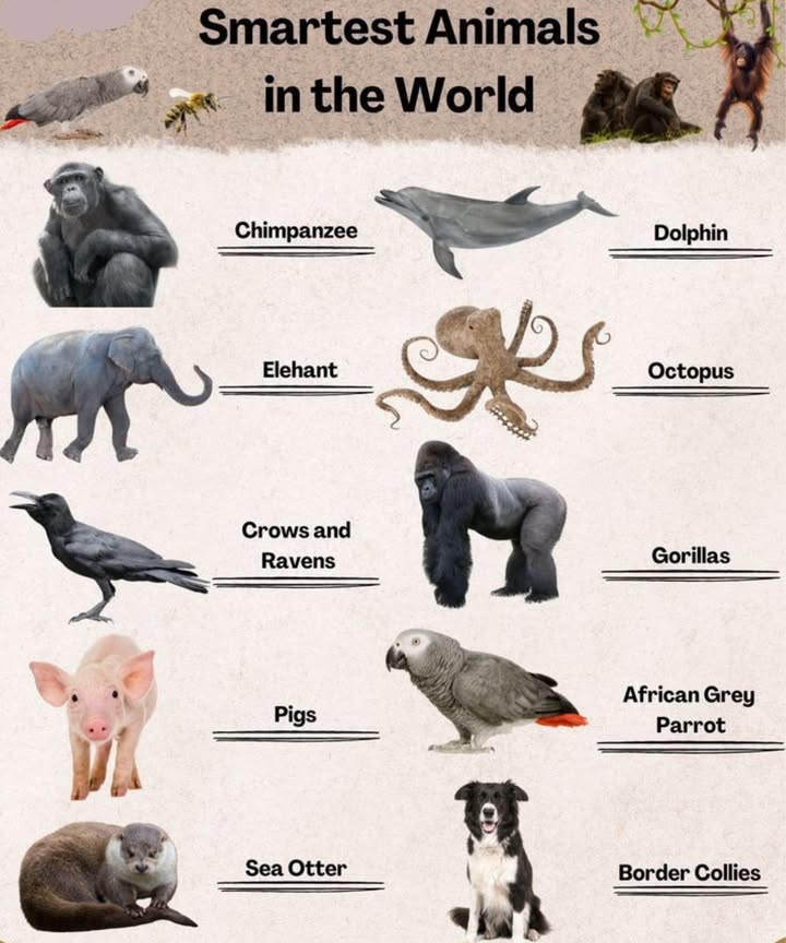 The Smartest Animals in the World! 易
易 Chimpanzees
Our closest cousinsthey use tools, solve puzzles, and navigate complex social dynamics.

 Dolphins
Masters of the sea! Communicate in clicks & whistles, recognize themselves in mirrors, and cooperate with humans.

 Elephants
Emotional giants with unmatched memory, social intelligence, and grief rituals.

 Octopus
The cleverest invertebratesolves mazes, opens jars, and changes color like a pro.

 Crows & Ravens
Bird brains? Think again. They use tools, plan ahead, and even hold grudges!

轢 Gorillas
Strong and smartcommunicate using sign language and show empathy and problem-solving.

 Pigs
Quick learners who love games and can outsmart dogs in memory tasks.

列 African Grey Parrot
Talk about talent! Mimics speech and understands shapes, numbers, and concepts.

簾 Sea Otters
They crack open shells with rocksnatures cutest tool-users!

 Border Collies
Obedient, focused, and lightning-fast learnerstrue canine Einsteins!